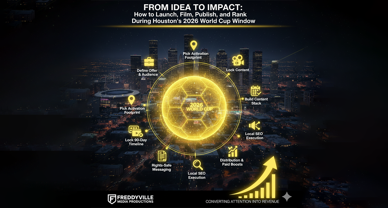 Houston World Cup marketing plan; Houston video production; NRG Stadium watch party marketing; Downtown Houston GRB content; Montrose and Midtown creators; EaDo soccer bars; Galleria hospitality video; Houston UGC capture; Houston podcast production; rights-safe World Cup content.