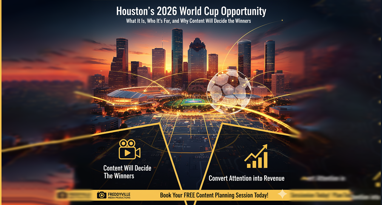 Houston World Cup 2026 marketing; Houston soccer watch parties; NRG Stadium content; Downtown Houston GRB events; Montrose and Midtown activations; EaDo sports bars; Galleria restaurants near World Cup; Houston video production; Houston UGC capture; Houston podcast production.